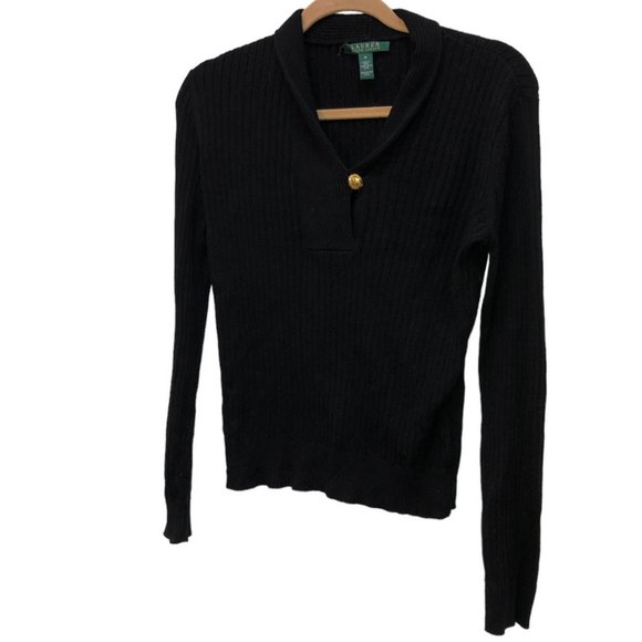 Ralph Lauren black shawl neck ribbed 100% cotton single button sweater M - Picture 1 of 3